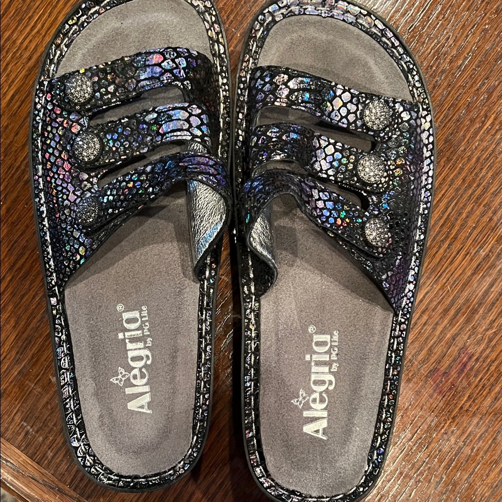 Alegria Shimmering Black Slide Sandals